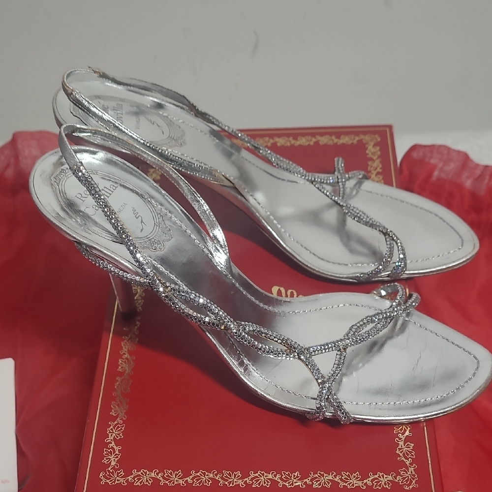 Rene Caovilla Silver Stiletto Heels Strappy Design - Picture 6 of 15